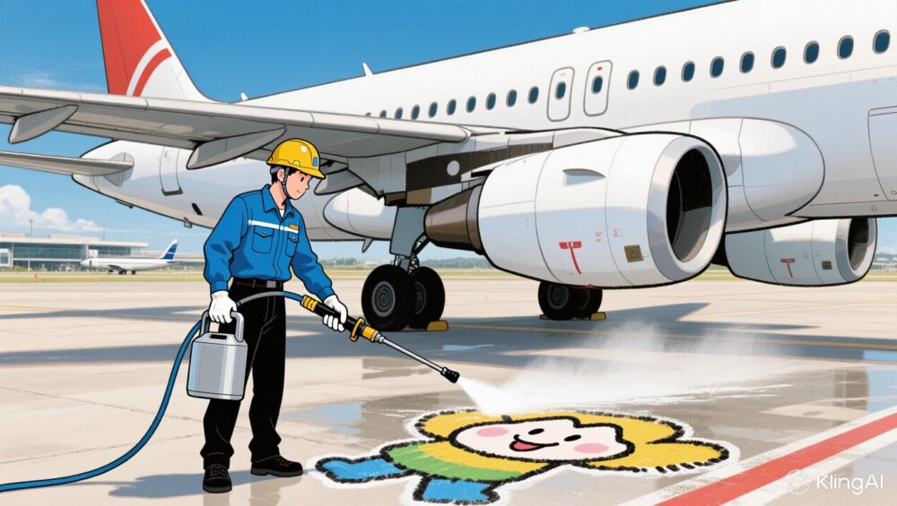 滑走路で水で絵を描く光景