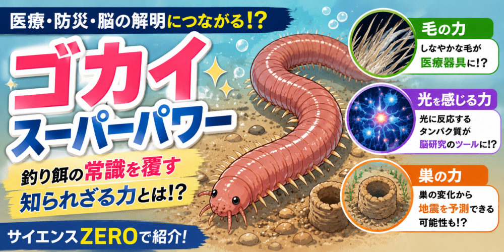 魚釣りの餌でおなじみのゴカイが、実は医療や脳科学、防災研究で注目されています。ゴカイのしなやかな毛を生かした医療器具、光に反応するタンパク質による脳研究、巣から地震予測を目指す研究など、知られざる「スーパーパワー」をわかりやすく解説します。